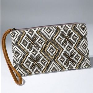 Boho Gray & White Gold Beaded Fabric Wristlet